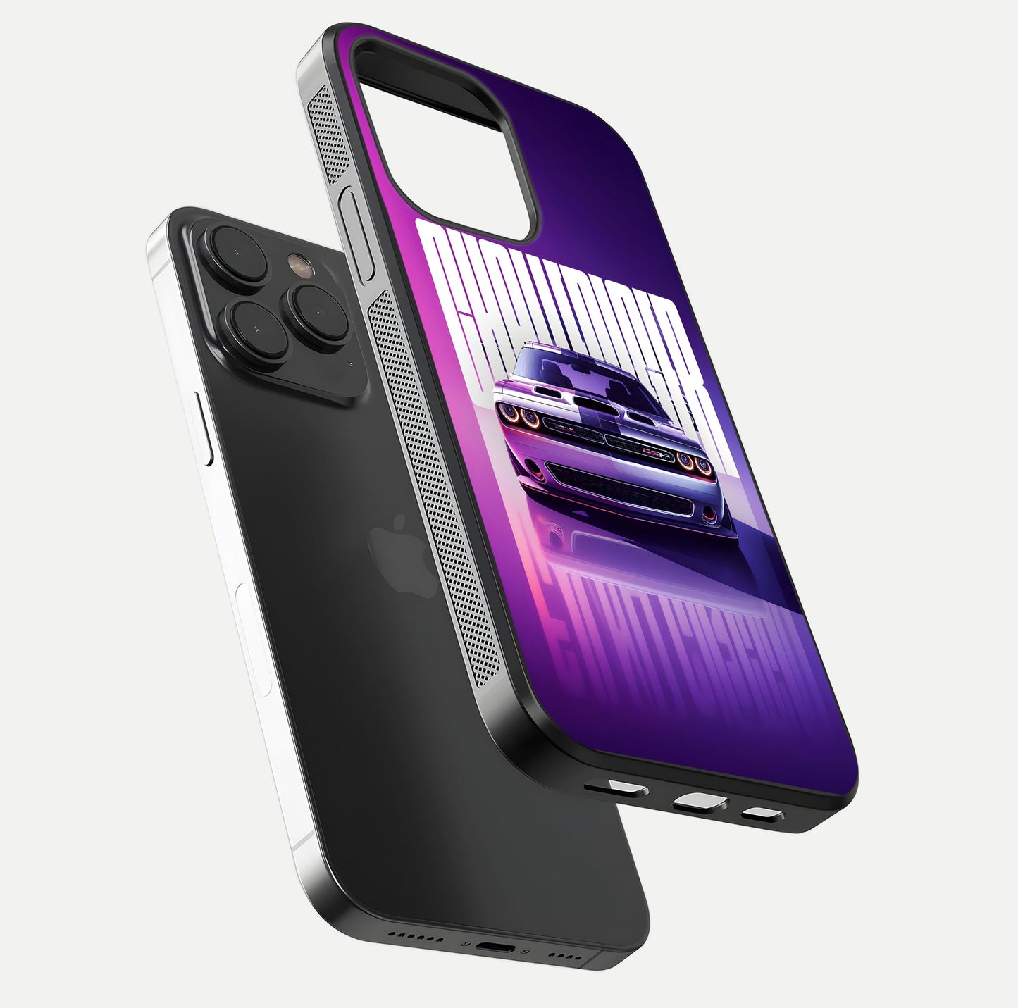 Midnight Muscle Ride Glass Case for iPhone 15 Pro floating dual-view mockup showing glossy finish and shine depth