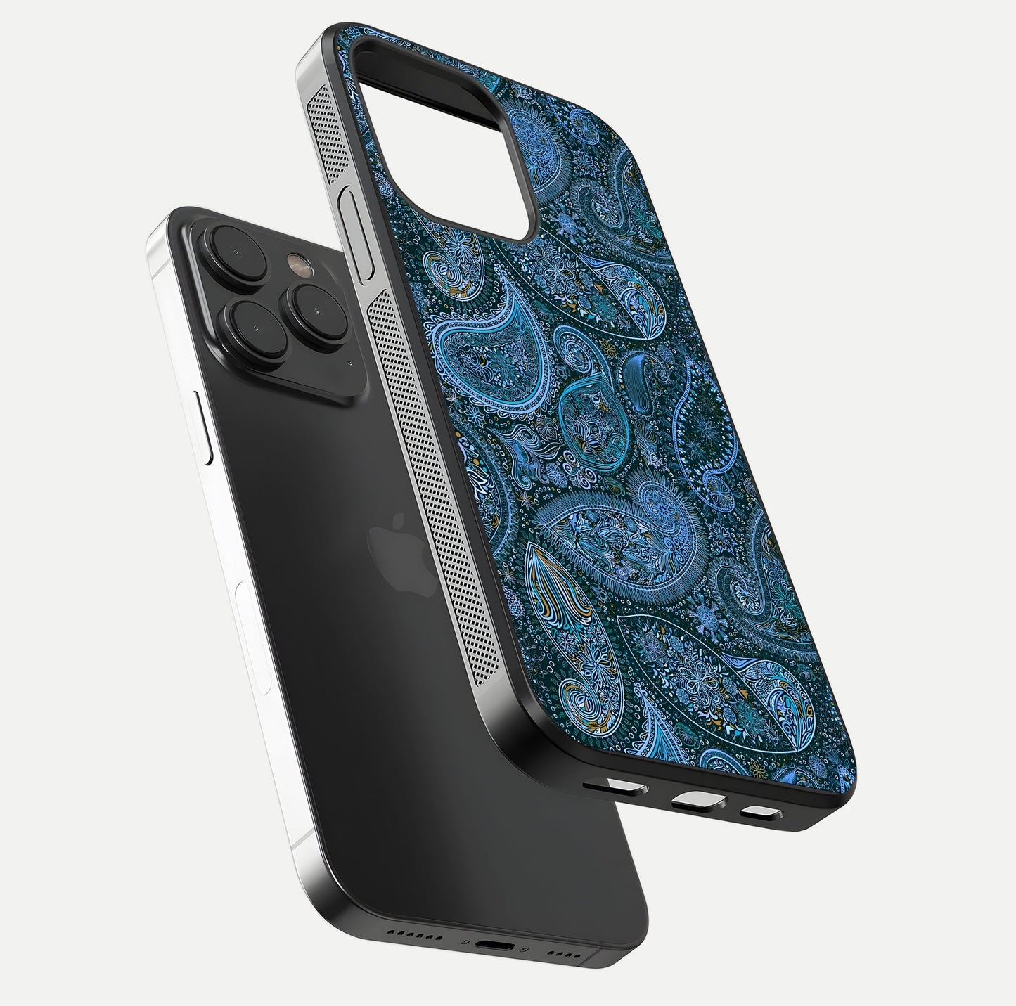 Midnight Paisley Glow Glass Case for iPhone 15 Pro floating dual-view mockup showing HD gloss and rich pattern