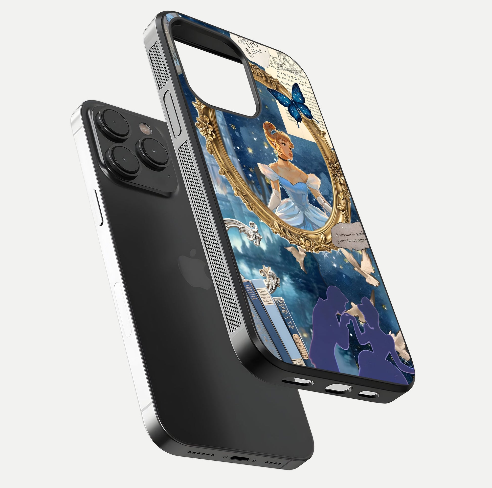 Midnight Queen Glass Case for iPhone 15 Pro floating dual-view mockup showing HD glass shine and luxury art