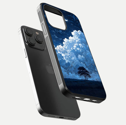 Midnight Sky Serenity Glass Case for iPhone 15 Pro floating dual-view mockup showing HD gloss and night shine