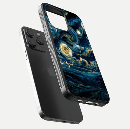 Midnight Sky Whirl Glass Case for iPhone 15 Pro floating dual-view mockup showing gloss texture and shine