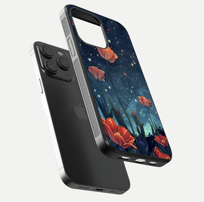 Midnight Tulip Glow Glass Case for iPhone 15 Pro floating dual-view mockup showing HD gloss and tulip tone
