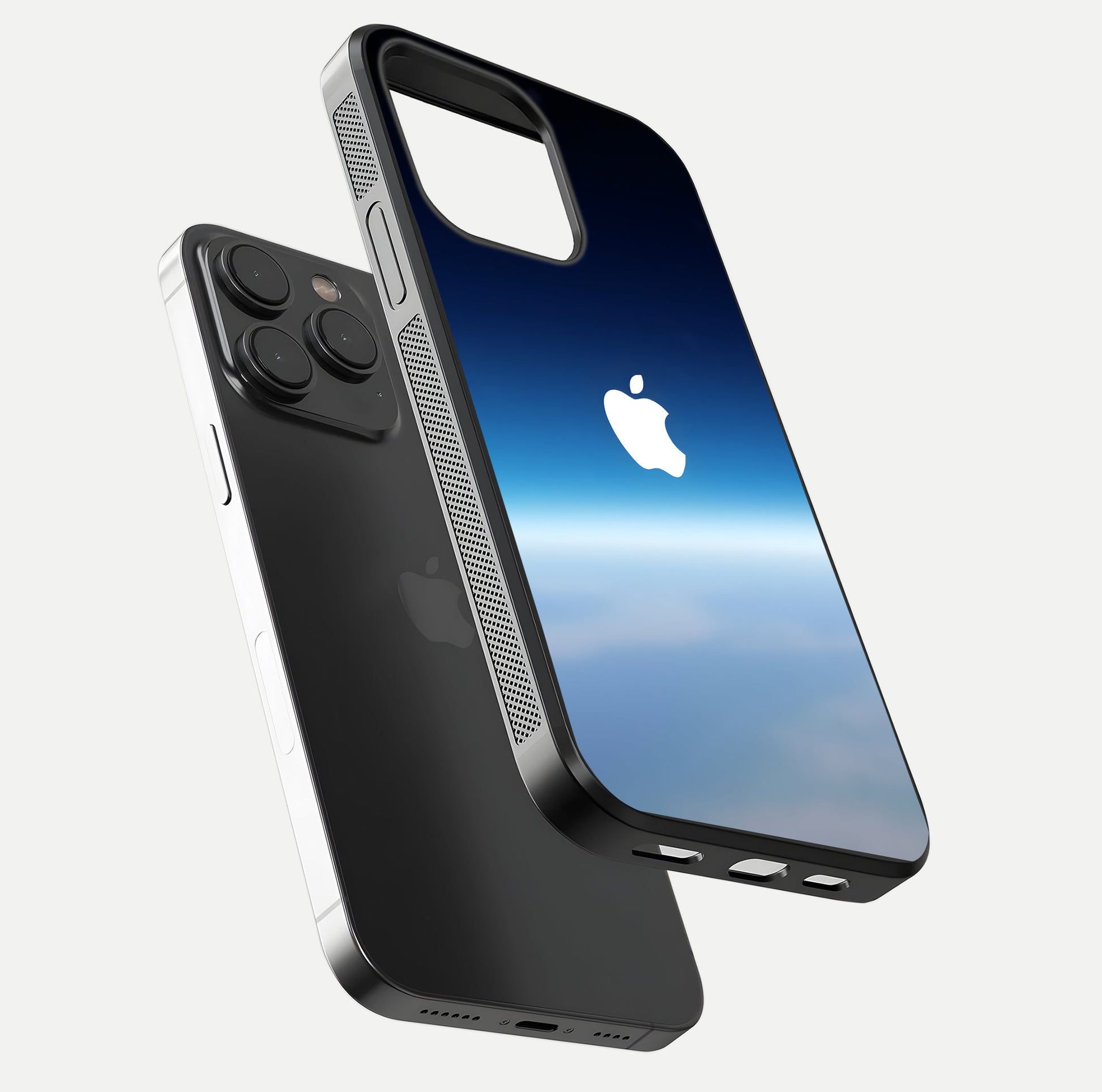Minimal Apple Sky Glass Case for iPhone 15 Pro floating dual-view mockup showing HD gloss and Apple design