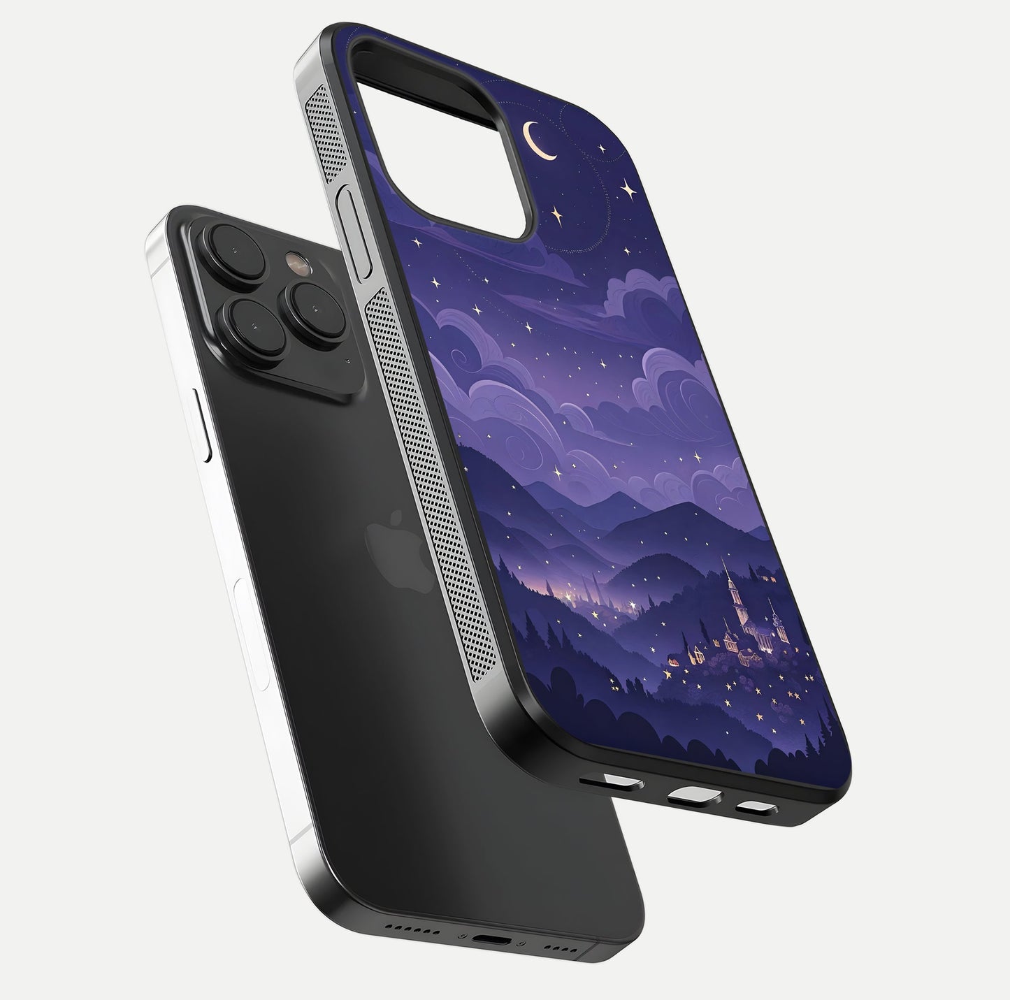 Minimal Night View Glass Case for iPhone 15 Pro floating dual-view mockup showing HD gloss and clean lines