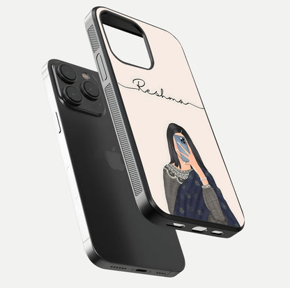 Mirror Mood Muse Custom Name Glass Case for iPhone 15 Pro floating dual-view mockup showing reflection and luxury style