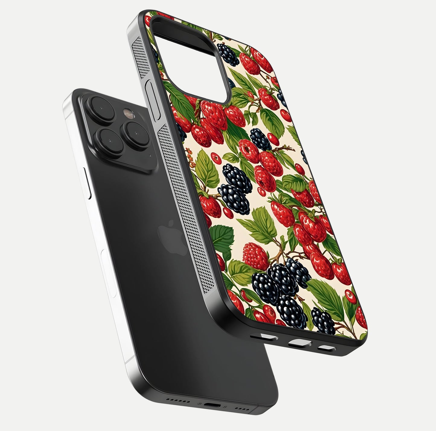 Mixed Berry Collage Glass Case for iPhone 15 Pro floating dual-view mockup showing gloss depth and vibrant design