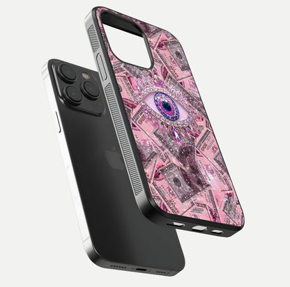 Money Eye Luxe Glass Case for iPhone 15 Pro floating dual-view mockup showing gloss surface and premium look