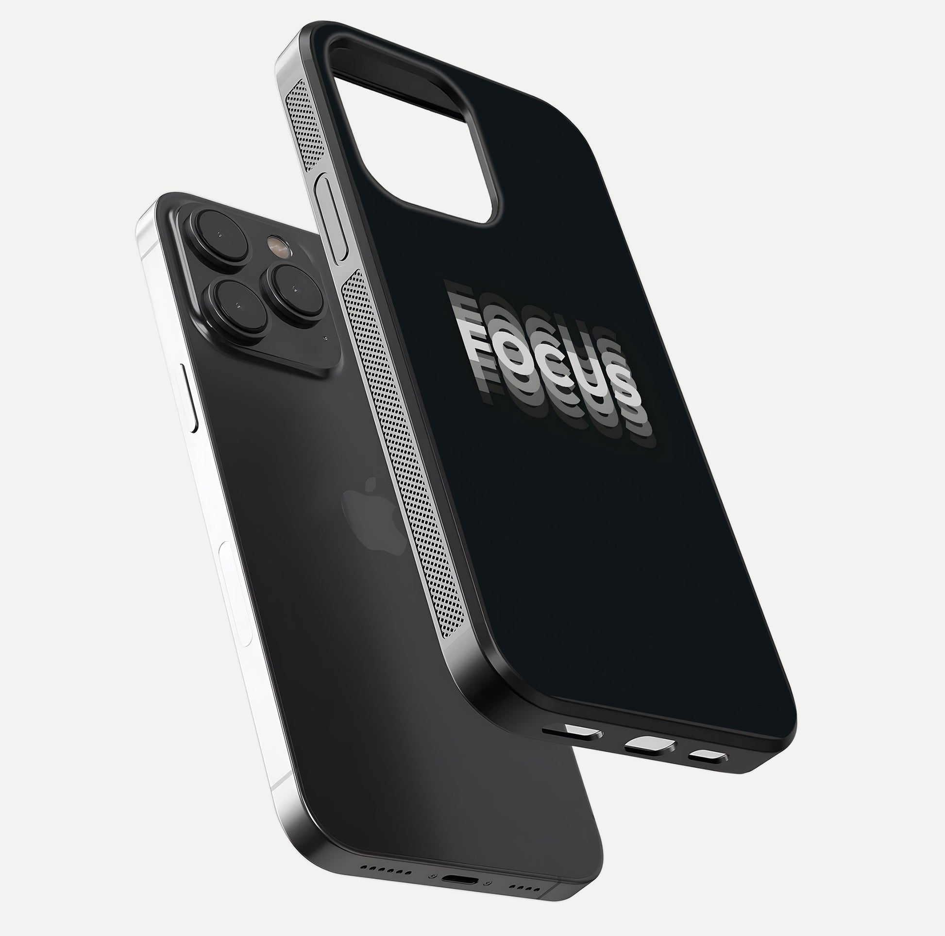 Mono Focus Vision Glass Case for iPhone 15 Pro floating dual-view mockup showing HD gloss and elegant simplicity