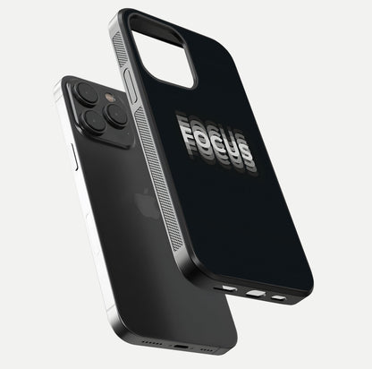 Mono Focus Vision Glass Case for iPhone 15 Pro floating dual-view mockup showing HD gloss and elegant simplicity