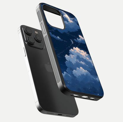 Moon Dream Haze Glass Case for iPhone 15 Pro floating dual-view mockup showing gloss texture and calm tones