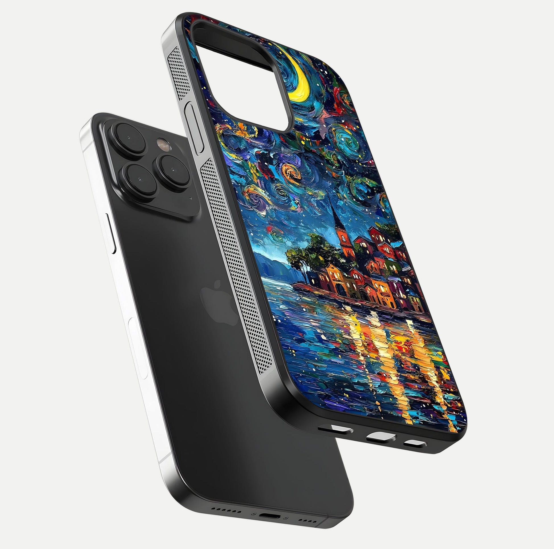 Moonlight Harbor Glow Glass Case for iPhone 15 Pro floating dual-view mockup showing gloss brightness and glow