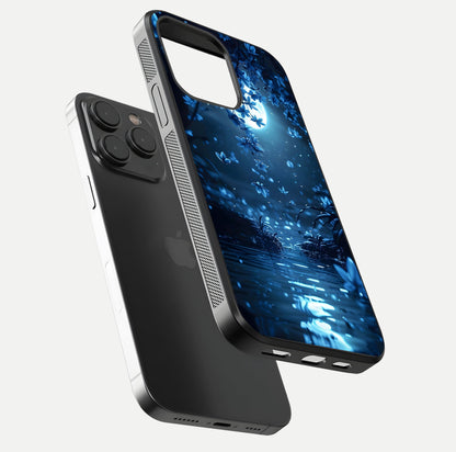 Moonlight Petal Dream Glass Case for iPhone 15 Pro floating dual-view mockup showing HD gloss and dreamy art