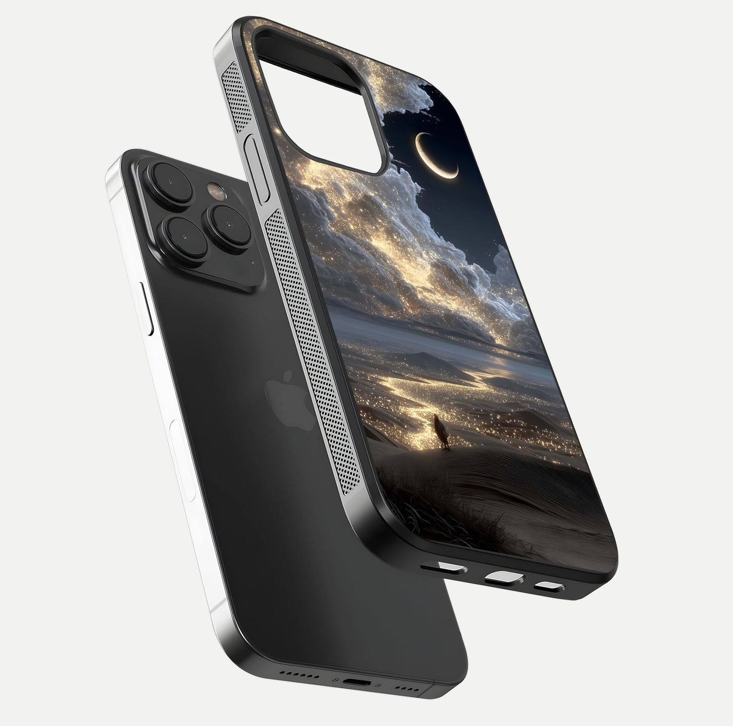 Moonlight Spark Path Glass Case for iPhone 15 Pro floating dual-view mockup showing gloss finish and shine depth