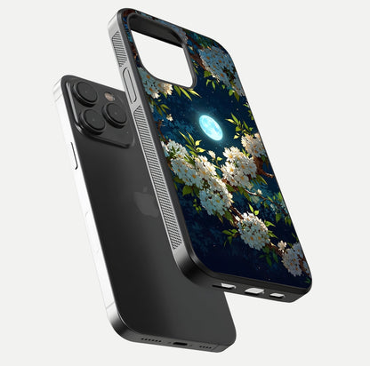 Moonlit Blossom Dream Glass Case for iPhone 15 Pro floating dual-view mockup showing gloss texture and floral tone
