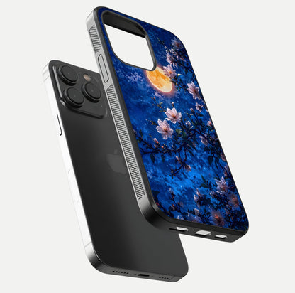 Moonlit Blossoms Night Glass Case for iPhone 15 Pro floating dual-view mockup showing HD gloss and floral contrast