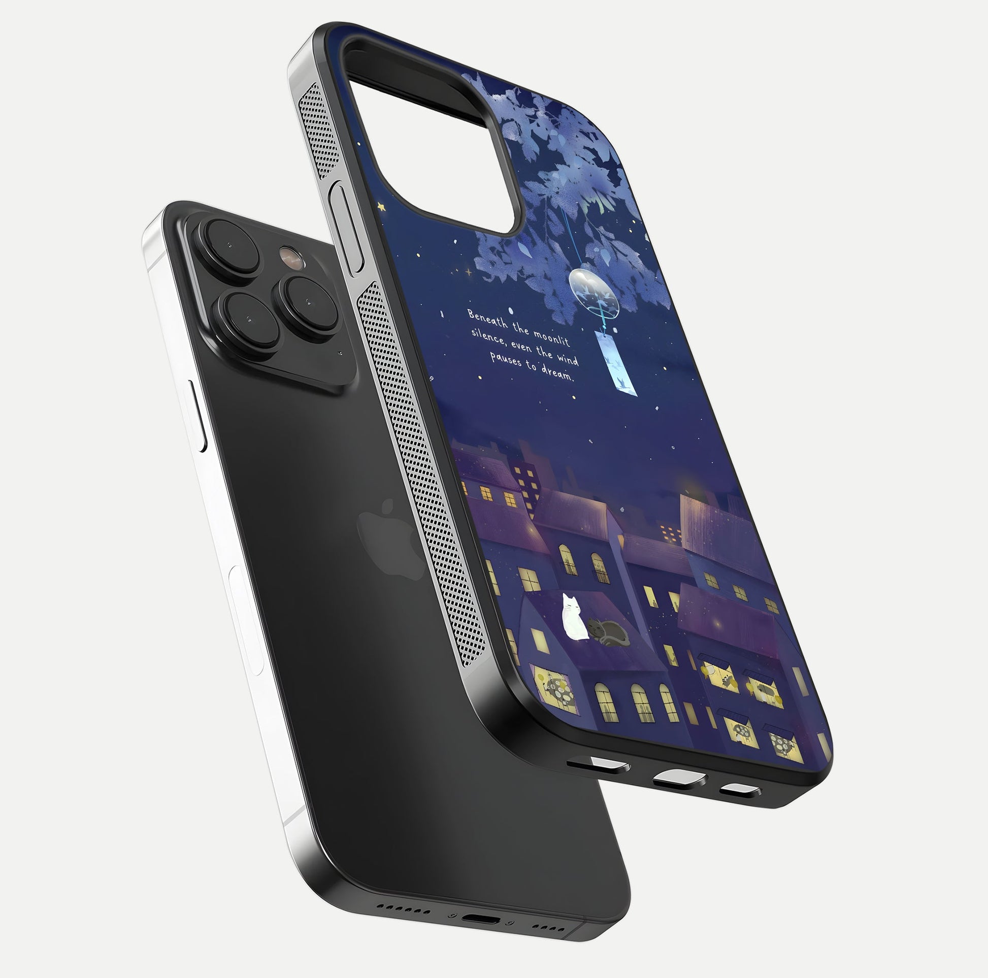 Moonlit Cat Silence Glass Case for iPhone 15 Pro floating dual-view mockup showing gloss reflection and moon art