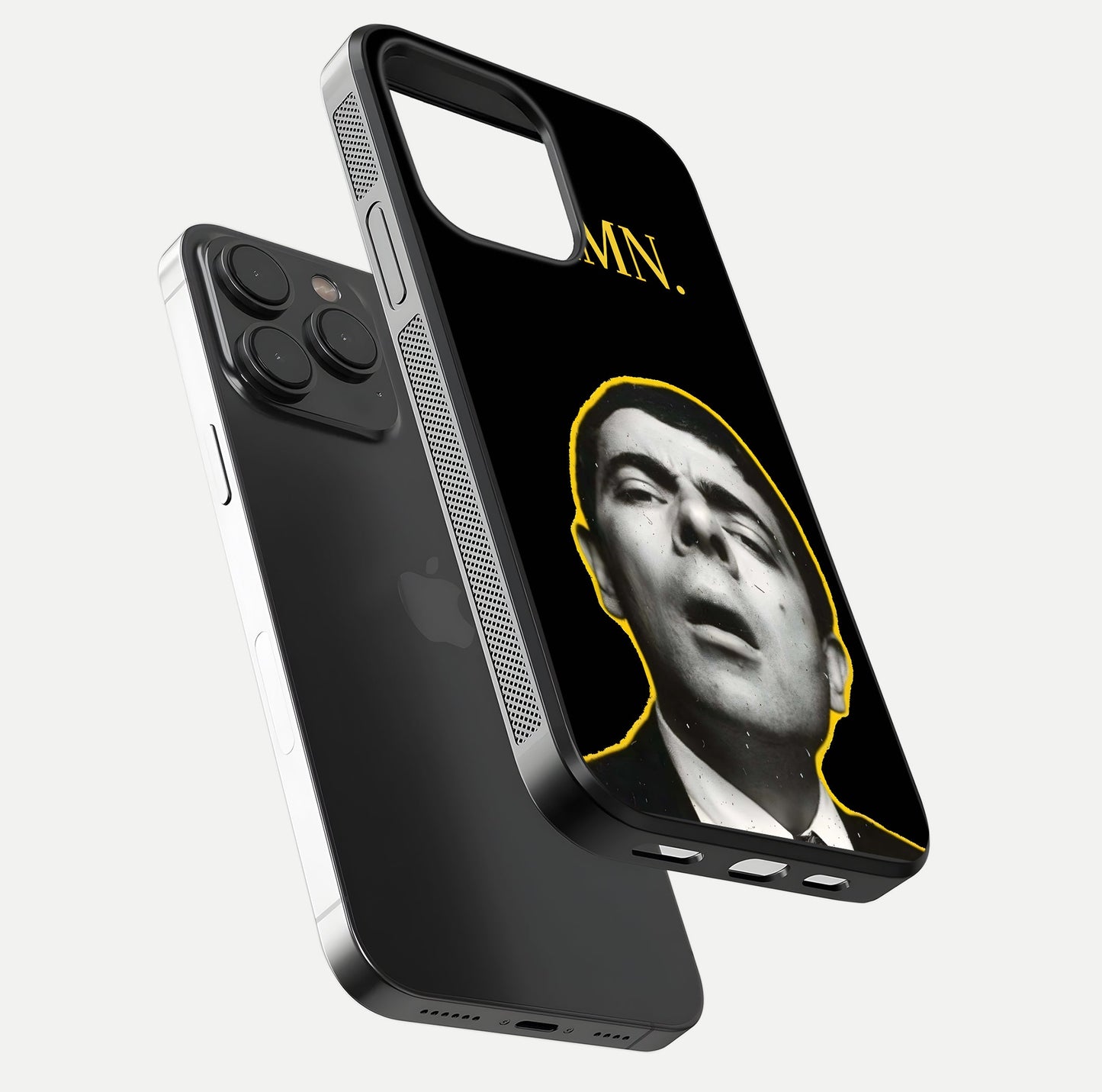 Mr Bean Damn Glass Case for iPhone 15 Pro floating dual-view mockup showing reflective gloss and vivid tones