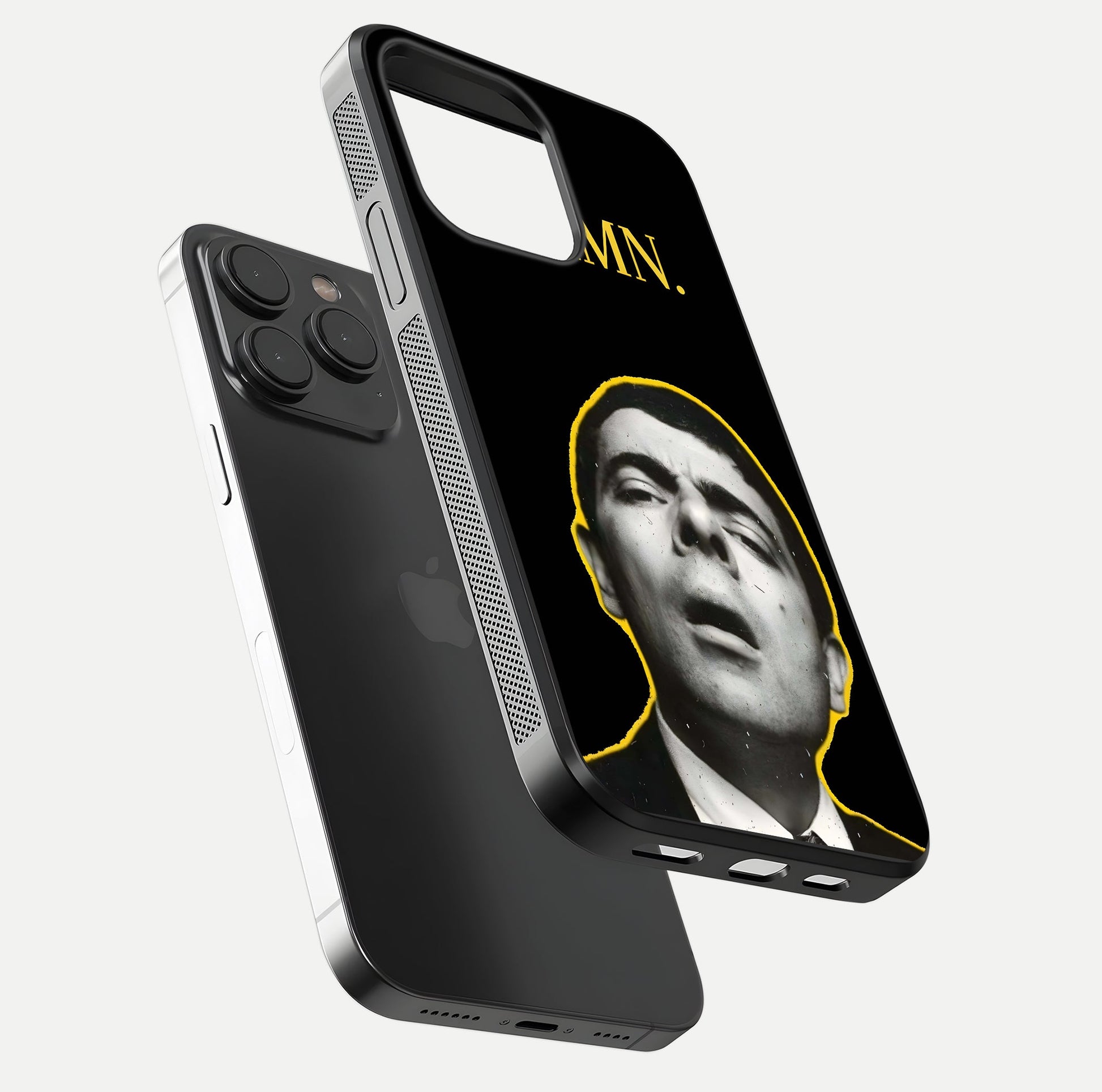Mr Bean Damn Glass Case for iPhone 15 Pro floating dual-view mockup showing reflective gloss and vivid tones