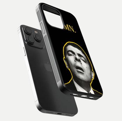 Mr Bean Damn Glass Case for iPhone 15 Pro floating dual-view mockup showing reflective gloss and vivid tones