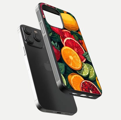 Multiple Fruits Glass Case for iPhone 15 Pro floating dual-view mockup showing reflection depth and freshness
