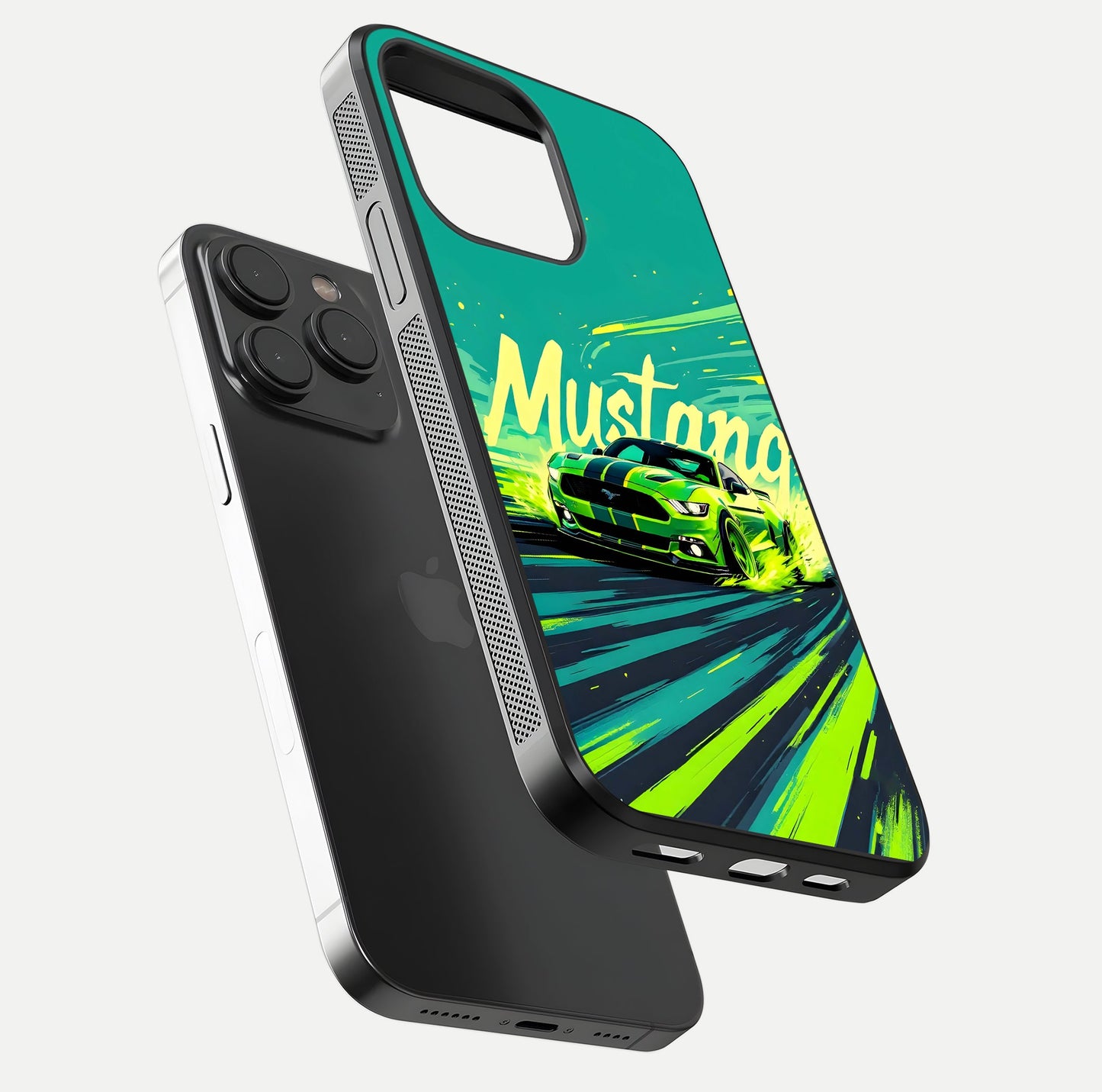 Mustang Bang Glass Case for iPhone 15 Pro floating dual-view mockup showing gloss depth and power design