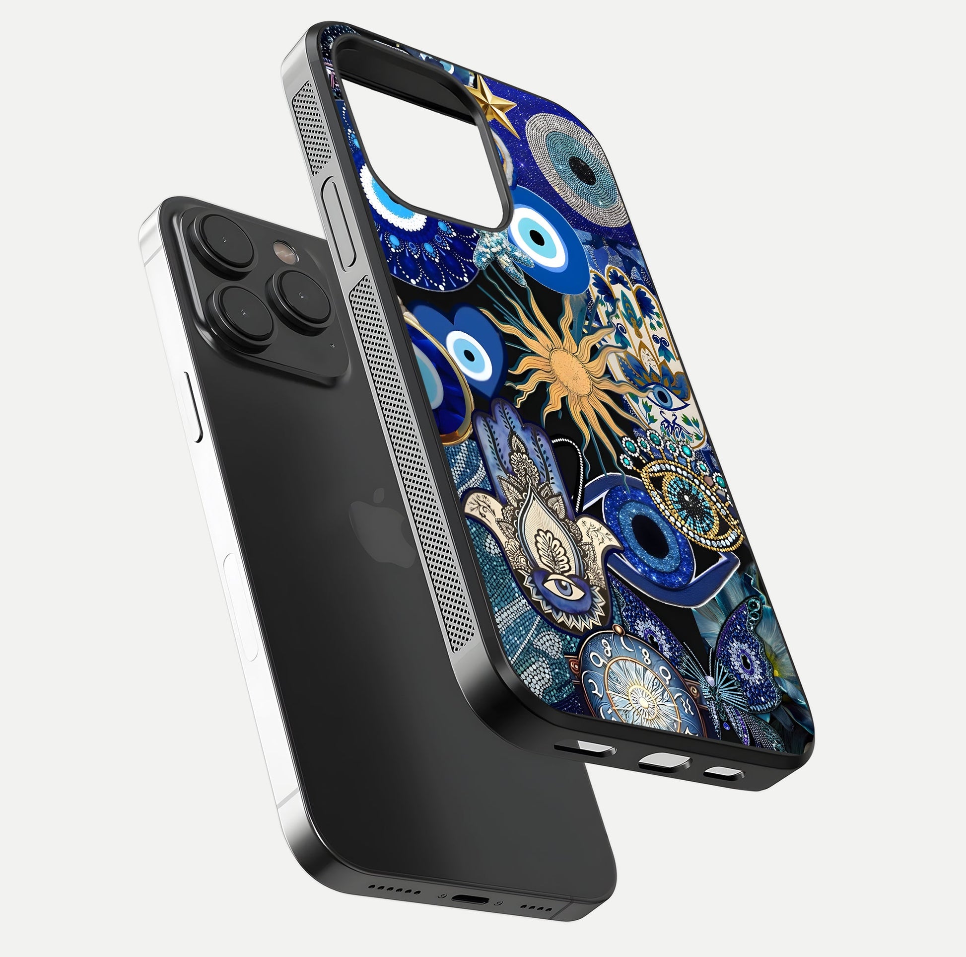 Mystic Blue Evil Eye Glass Case for iPhone 15 Pro floating dual-view mockup showing gloss depth and sacred symbol