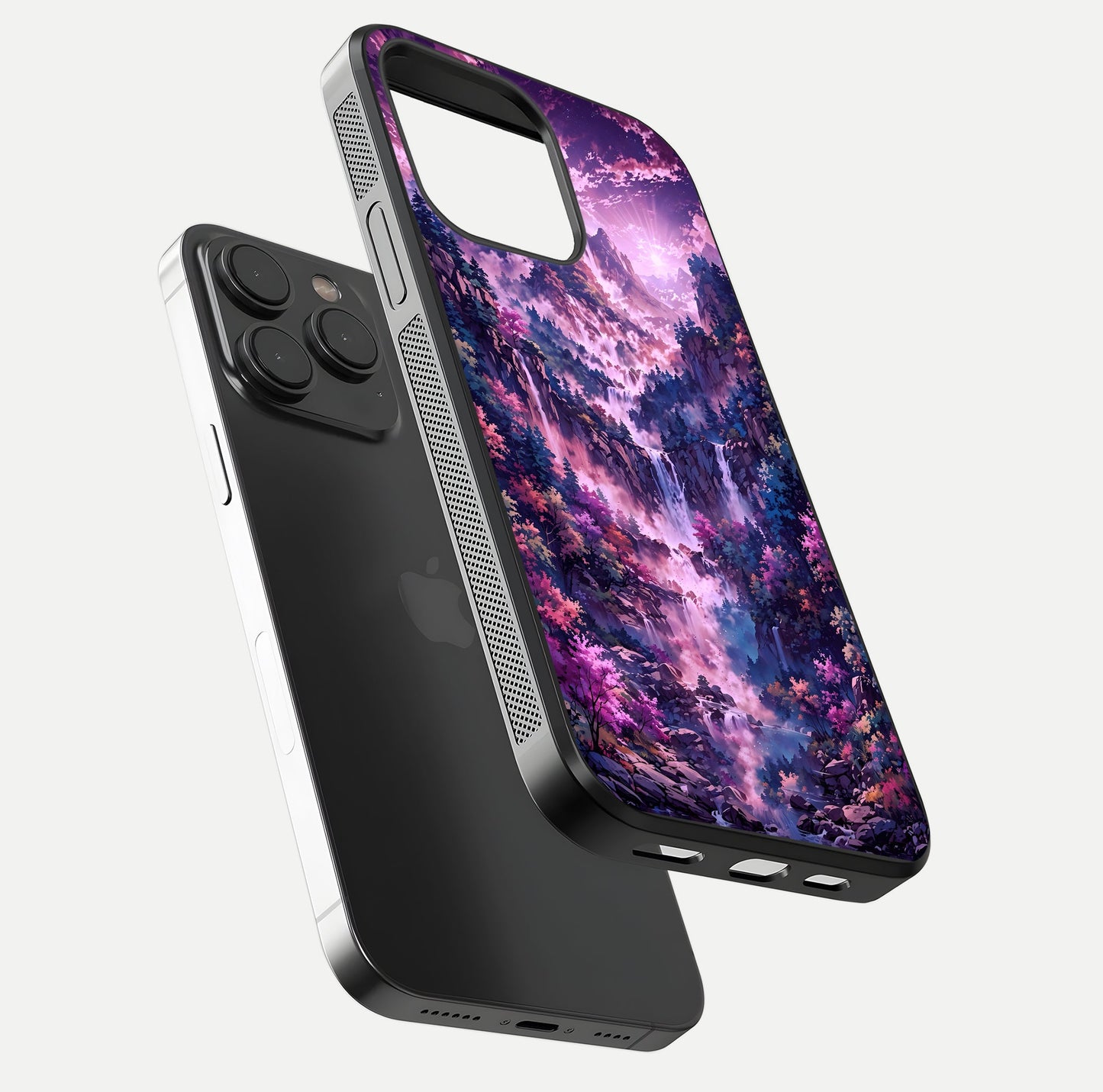 Mystic Cascade Peaks Glass Case for iPhone 15 Pro floating dual-view mockup showing gloss texture and depth