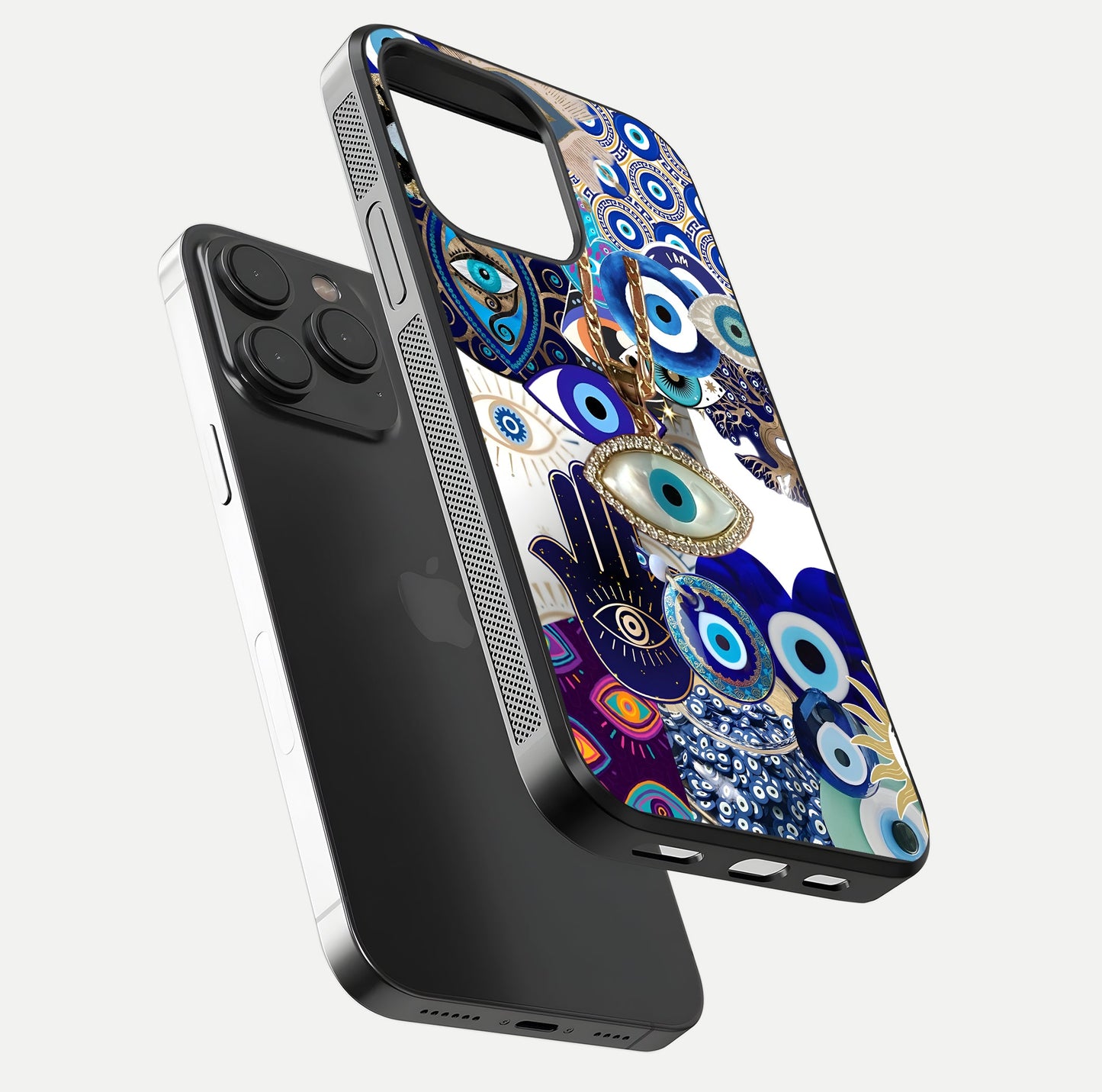 Mystic Charm Eye Glass Case for iPhone 15 Pro floating dual-view mockup showing gloss glow and charm symbol