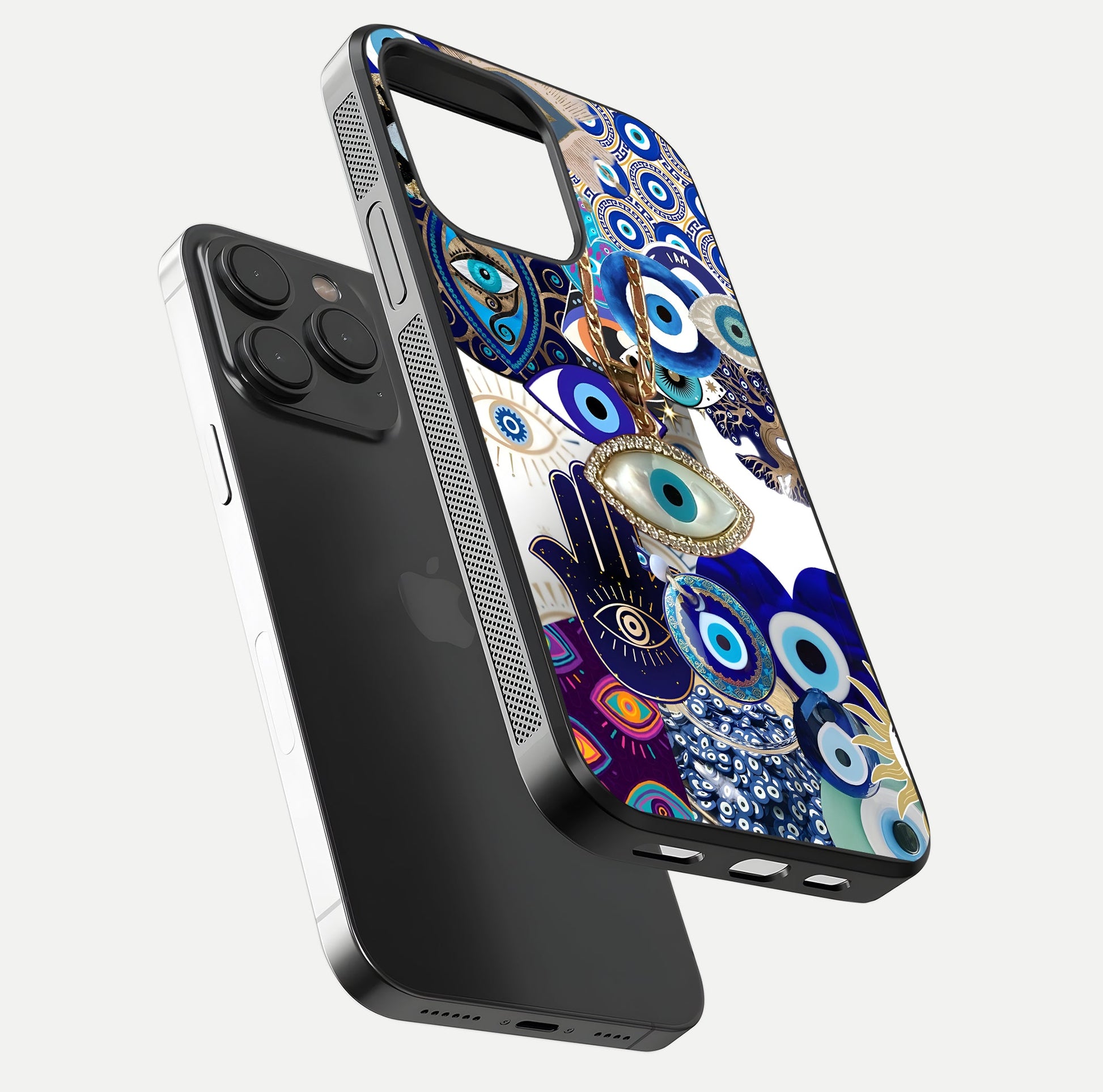 Mystic Charm Eye Glass Case for iPhone 15 Pro floating dual-view mockup showing gloss glow and charm symbol