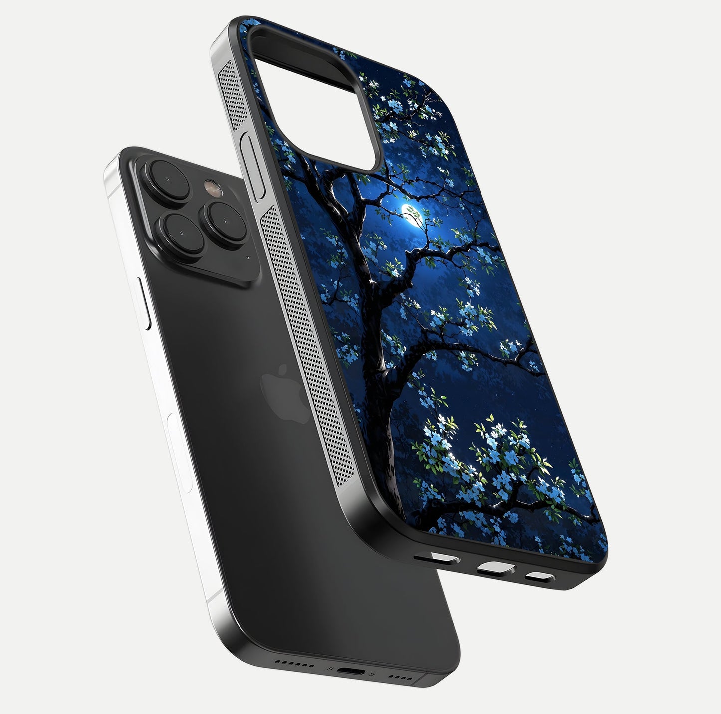 Mystic Floral Night Glass Case for iPhone 15 Pro floating dual-view mockup displaying shine and rich color depth