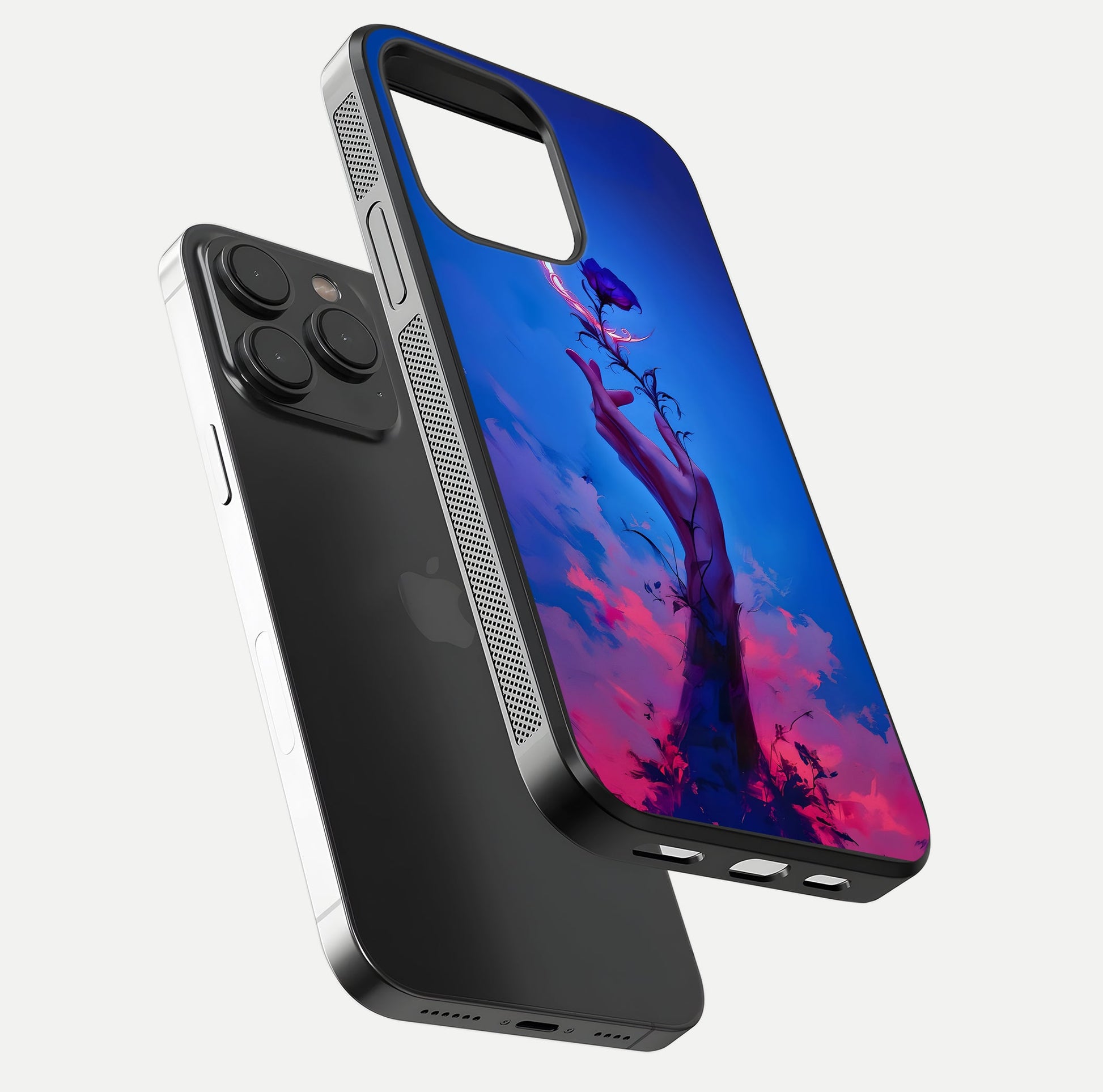 Mystic Hand Glass Case for iPhone 15 Pro floating dual-view mockup showing HD shine and fine palm detail