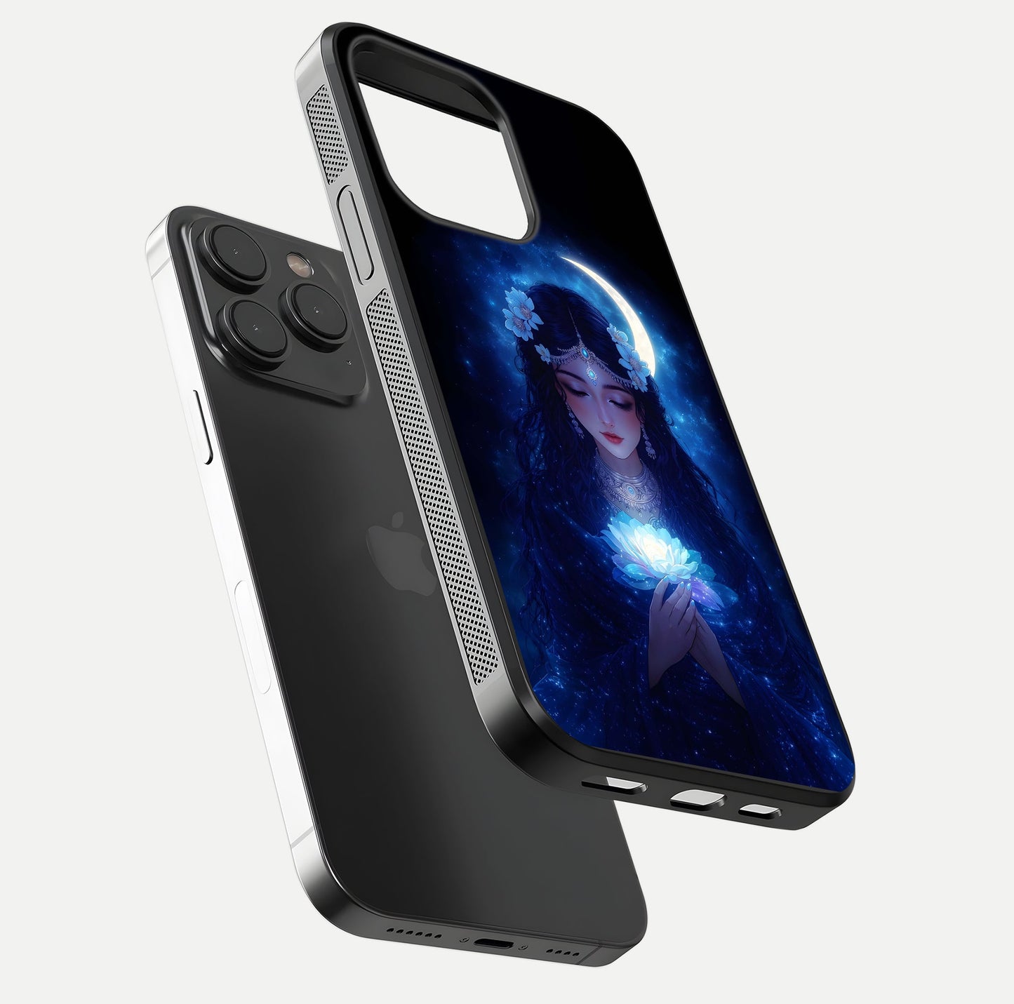 Mystic Moon Queen Glass Case for iPhone 15 Pro floating dual-view mockup showing HD gloss and cosmic glow