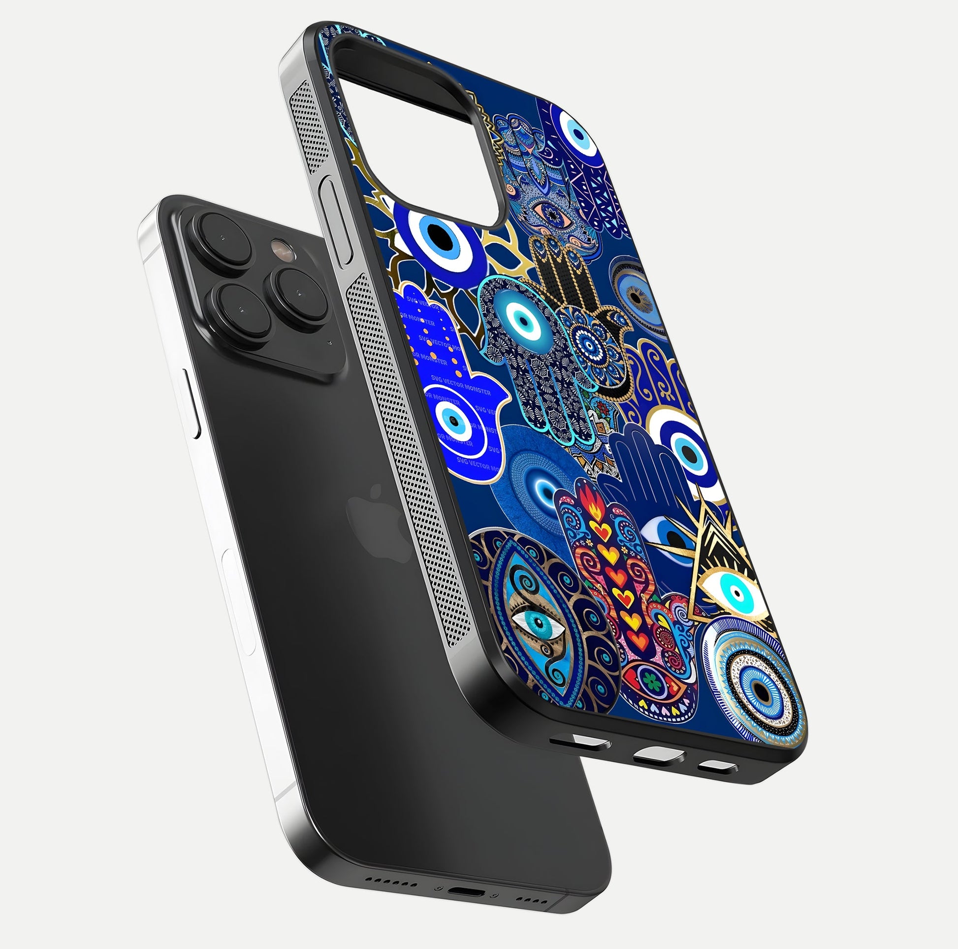 Mystic Palm Guard Glass Case for iPhone 15 Pro floating dual-view mockup showing HD reflection and vivid tone