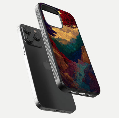 Mystic Valley Light Glass Case for iPhone 15 Pro floating dual-view mockup showing HD gloss and light blend