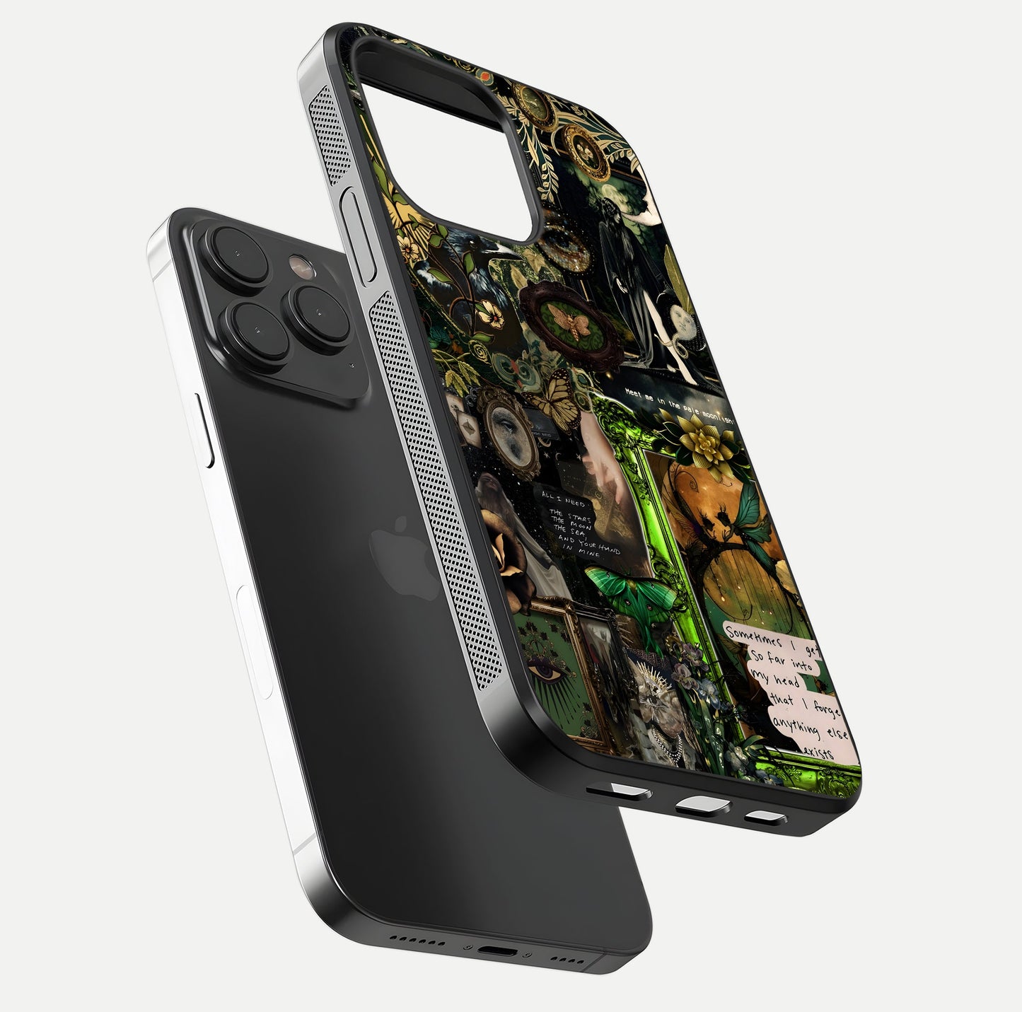 Mystic Woods Secret Glass Case for iPhone 15 Pro floating dual-view mockup showing HD shine and depth