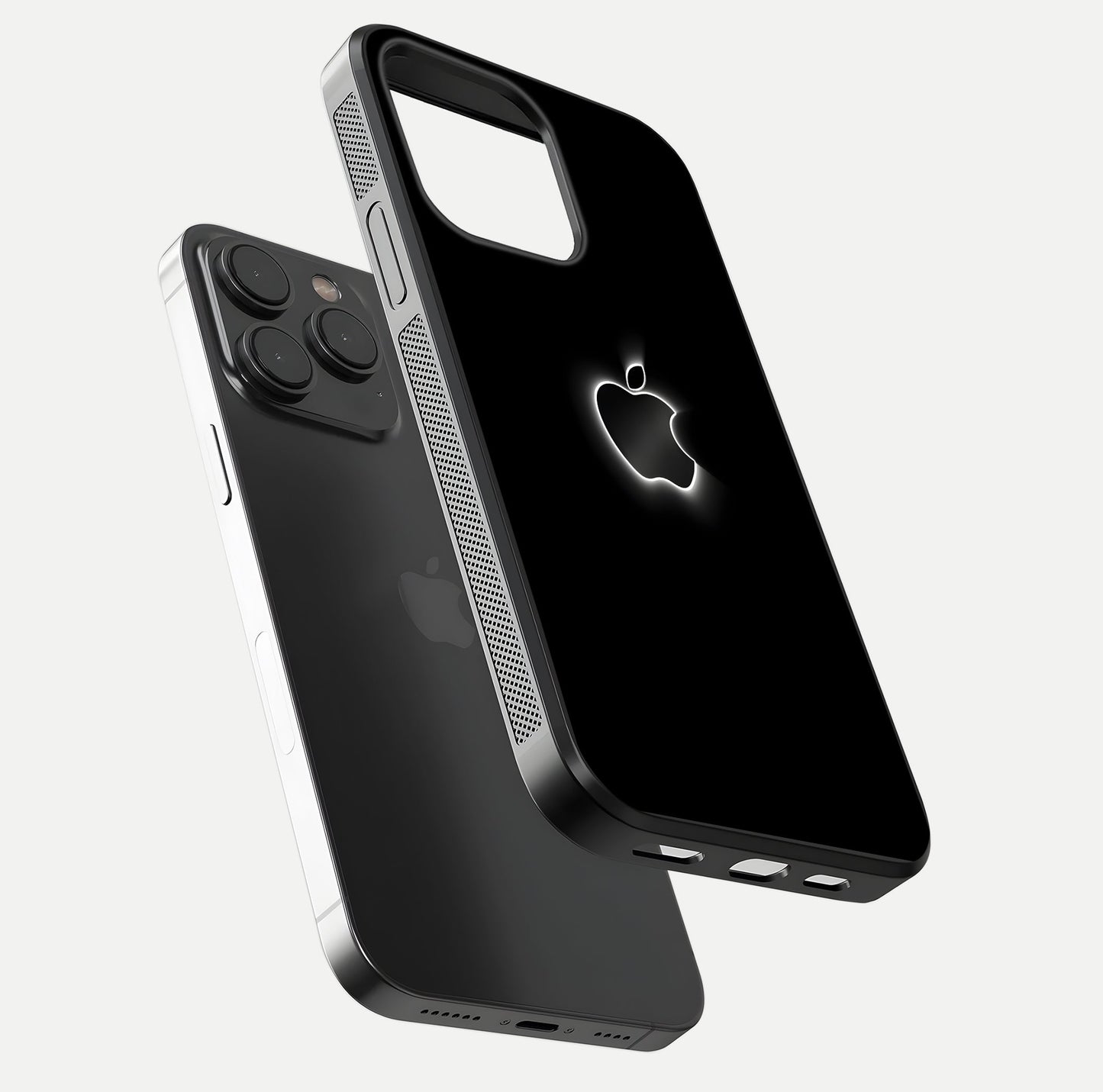 Neon Apple Glow Glass Case for iPhone 15 Pro floating dual-view mockup showing HD shine and modern look