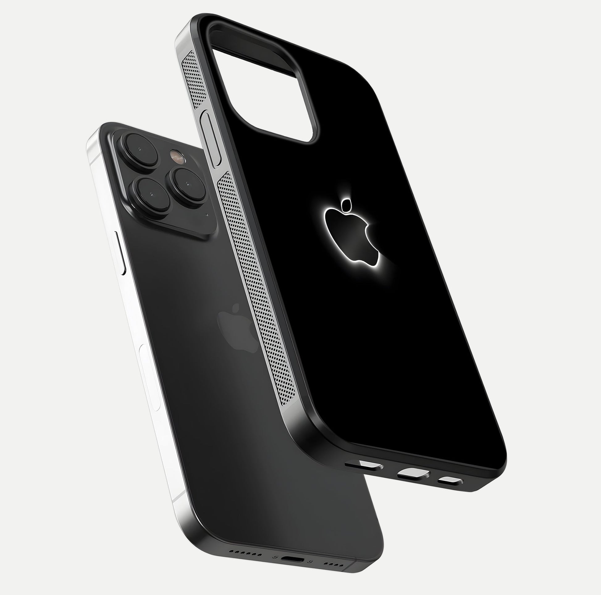 Neon Apple Glow Glass Case for iPhone 15 Pro floating dual-view mockup showing HD shine and modern look