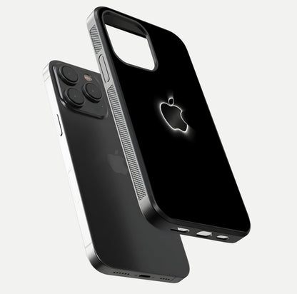 Neon Apple Glow Glass Case for iPhone 15 Pro floating dual-view mockup showing HD shine and modern look