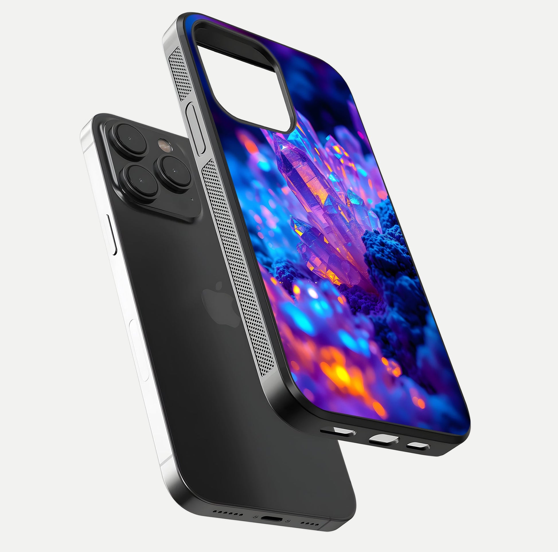 Neon Aura Shards Glass Case for iPhone 15 Pro floating dual-view mockup showing HD shine and shard texture