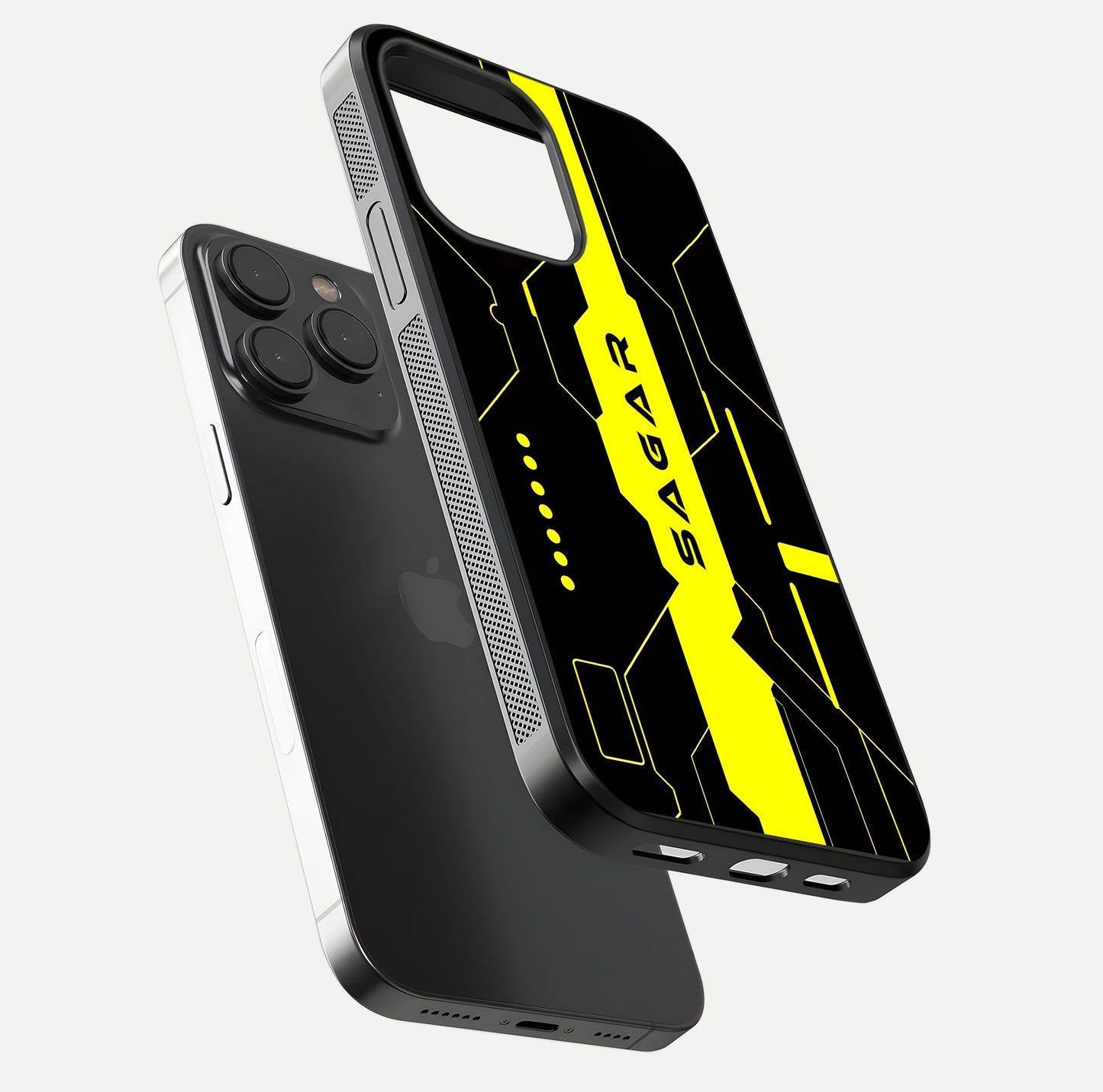 Neon CYBERPUNK Custom Name Glass Case for iPhone 15 Pro floating dual-view mockup showing HD shine and neon lines