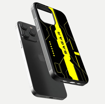Neon CYBERPUNK Custom Name Glass Case for iPhone 15 Pro floating dual-view mockup showing HD shine and neon lines