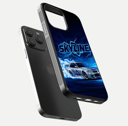 Neon Drift Beast Glass Case for iPhone 15 Pro floating dual-view mockup showing gloss texture and motion glow