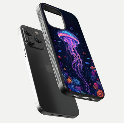 Neon Jellyfish Glass Case for iPhone 15 Pro floating dual-view mockup showing gloss texture and underwater glow