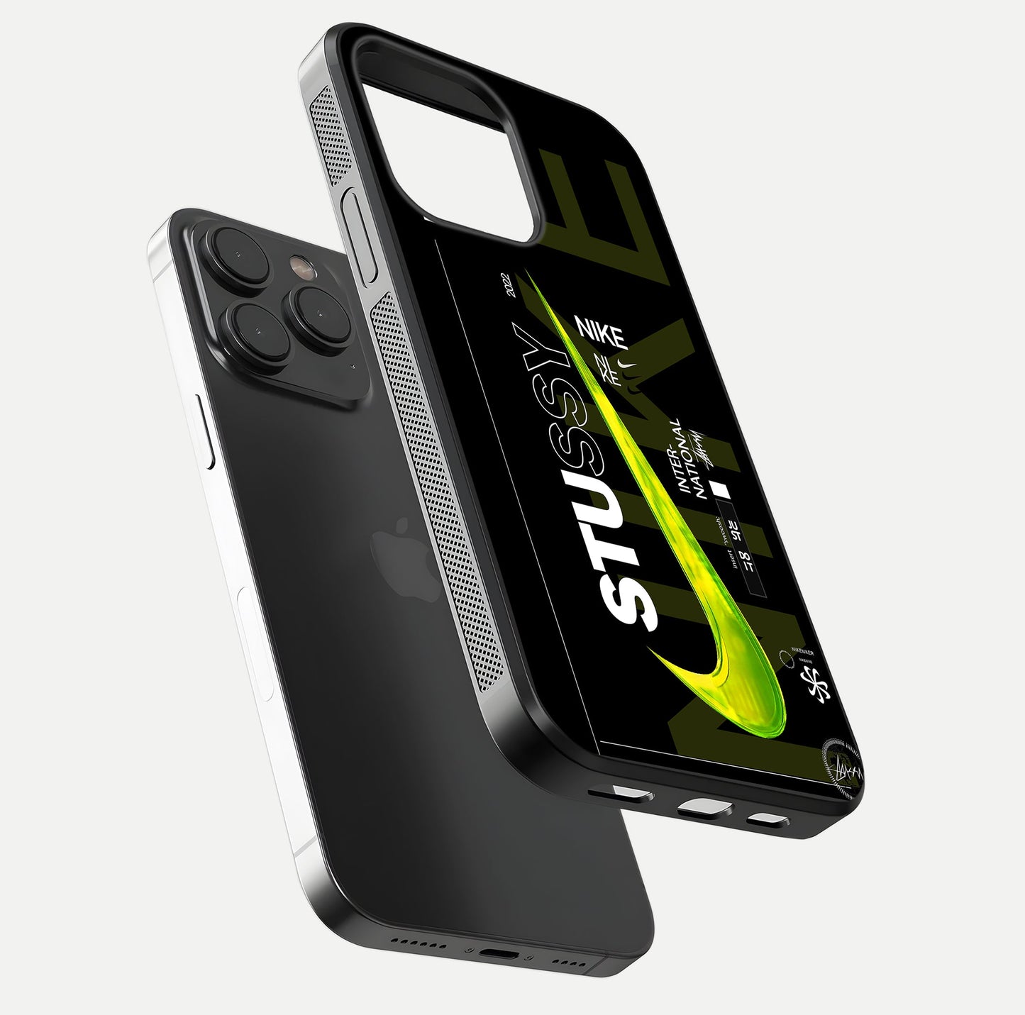 Neon Street Edition Glass Case for iPhone 15 Pro floating dual-view mockup showing HD gloss and neon glow