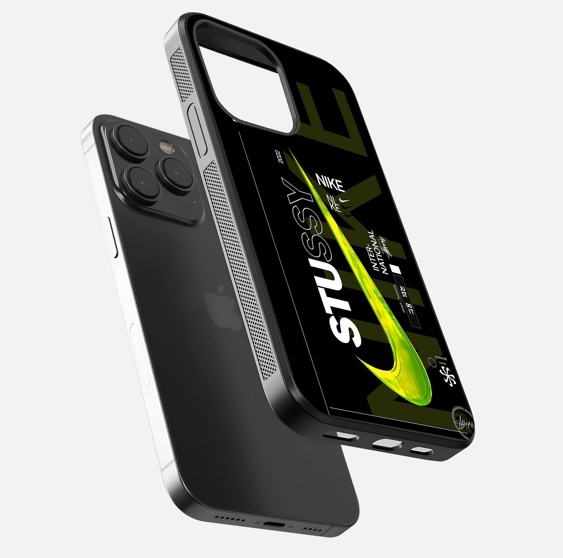 Neon Street Edition Glass Case for iPhone 15 Pro floating dual-view mockup showing HD gloss and neon glow