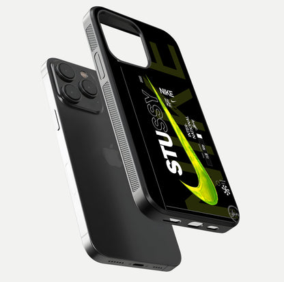 Neon Street Edition Glass Case for iPhone 15 Pro floating dual-view mockup showing HD gloss and neon glow