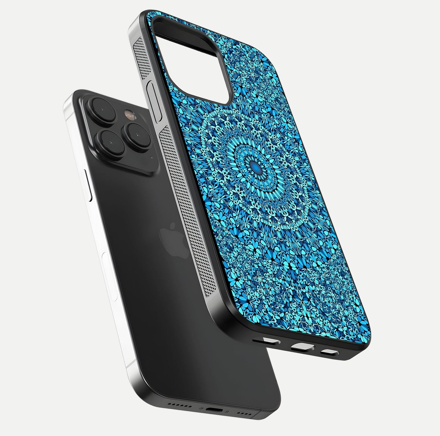 Ocean Bloom Mandala Glass Case for iPhone 15 Pro floating dual-view mockup showing gloss texture and print depth