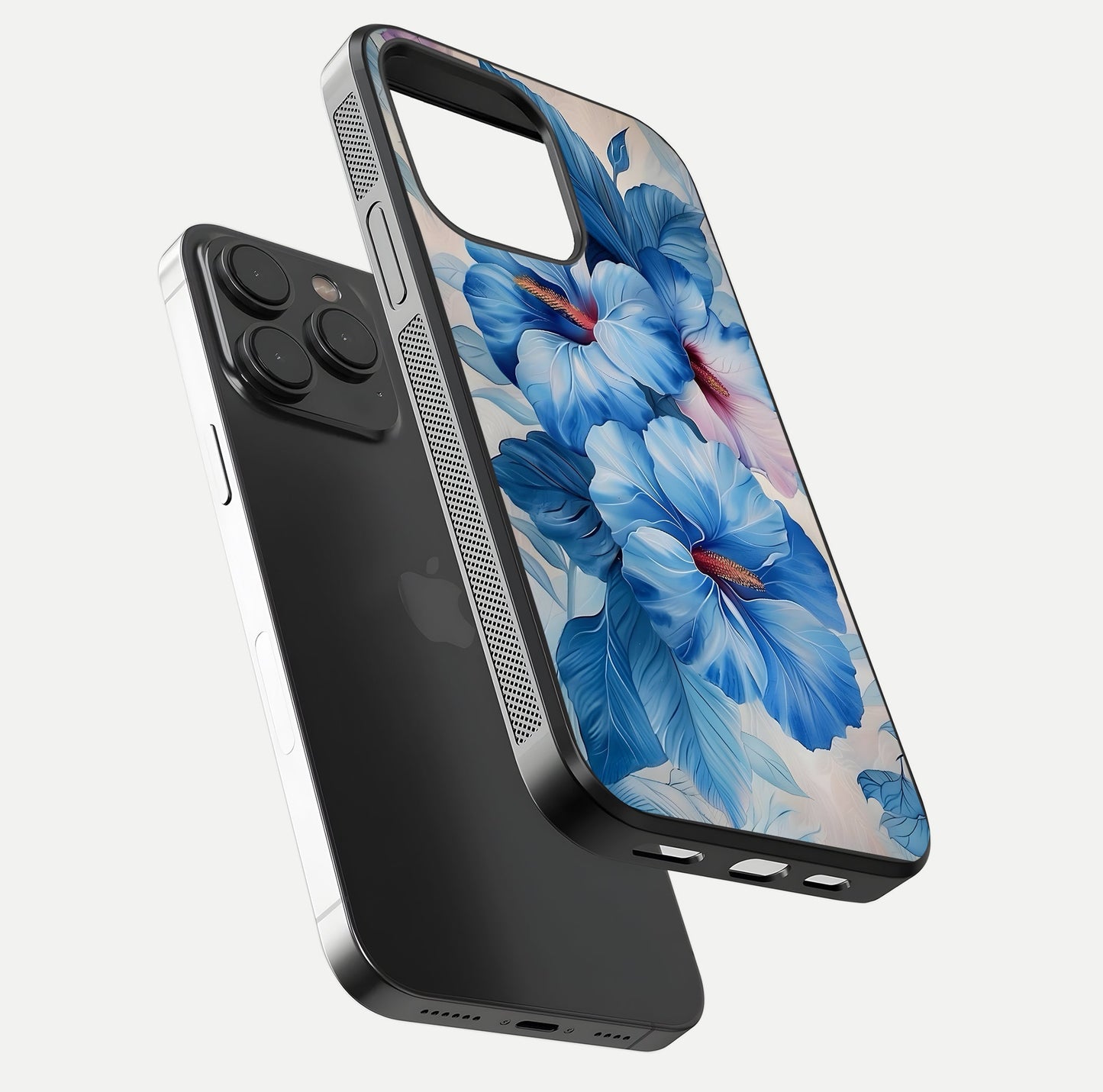 Ocean Hibiscus Grace Glass Case for iPhone 15 Pro floating dual-view mockup showing gloss reflection and print clarity