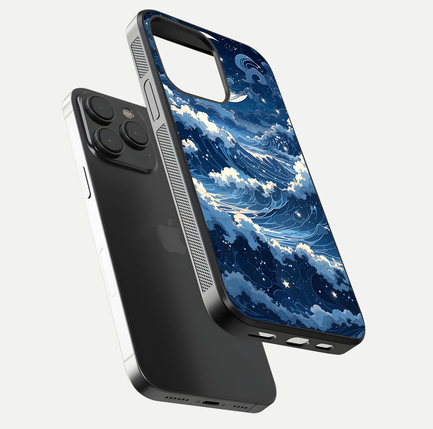 Ocean Moon Waves Glass Case for iPhone 15 Pro floating dual-view mockup showing gloss texture and moon glow
