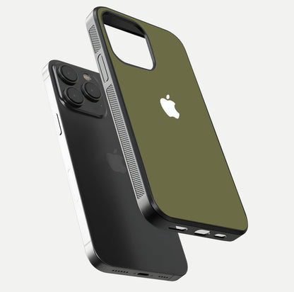 Olive Matte Essence Glass Case for iPhone 15 Pro floating dual-view mockup showing matte gloss and depth